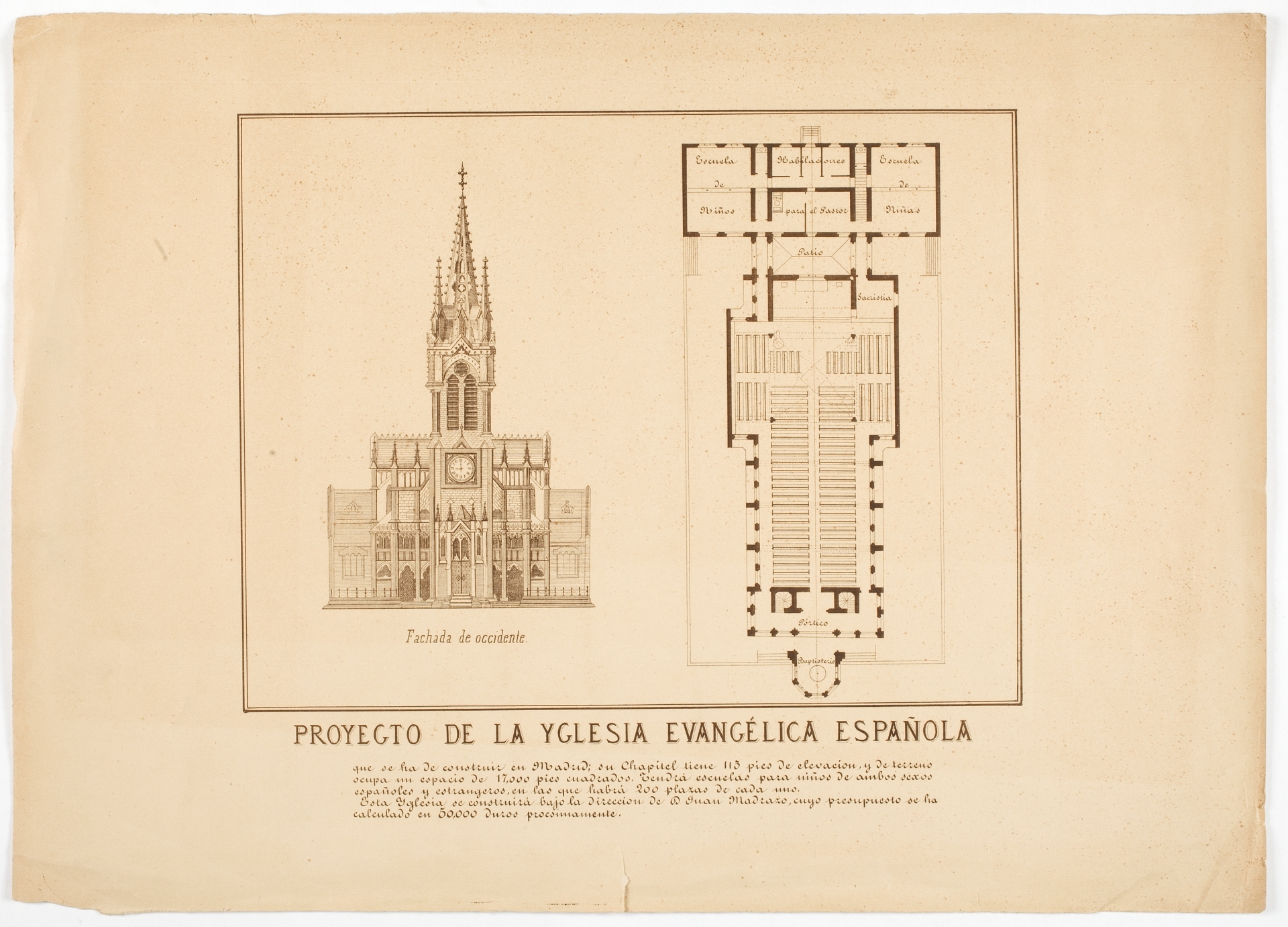 Planta y alzado del proyecto de la iglesia Evangélica Española, Madrid - Colección - Museo Nacional del Prado Planta y alzado del proyecto de la iglesia Evangélica Española, Madrid - Colección - Museo Nacional del Prado