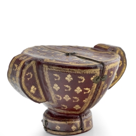 Case for drinking vessel with six lobes and scroll-shaped handles