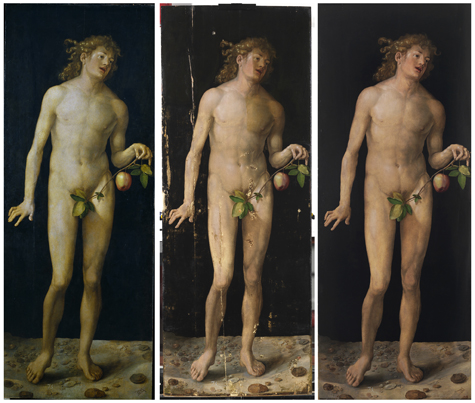 Adam&nbsp;prior to restoration, during and after. These three images show how damage to the support had directly and negatively affected the paint layer, resulting in losses to the preparation and color. The final images show how these were fully restored.