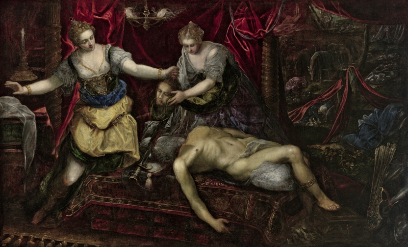 Judith and an attendant stand beside the body of Holofernes on a richly draped bed.