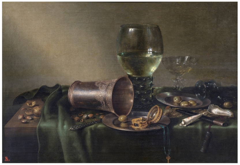 Still Life with a silver beaker and a clock