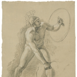 Estudio de desnudo masculino con casco y escudo cogiendo el brazo de otra figura