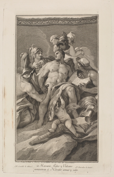 Imagen de la obra: "Mercurio, Palas y Vulcano suministran a Hércules armas y valor"