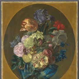 Bouquet of flowers with blue ribbon