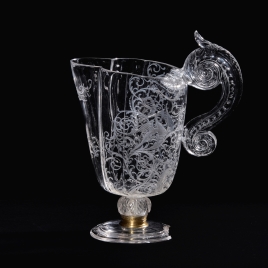 Rock crystal ewer with a large scroll-shaped handle
