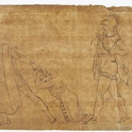 Calco. Pelasgo toma bajo su protección a las Danaides, arrancadas del altar de Zeus por un heraldo enviado por Egipto (diseño de John Flaxman)