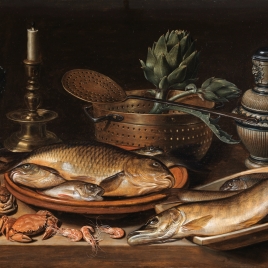 Still Life with fish, a candle, artichokes, crab and prawns