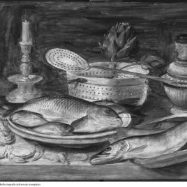 Still Life with fish, a candle, artichokes, crab and prawns - The