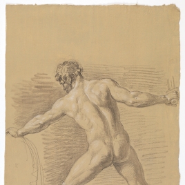 Estudio de desnudo masculino de espaldas empuñando una espada y un escudo