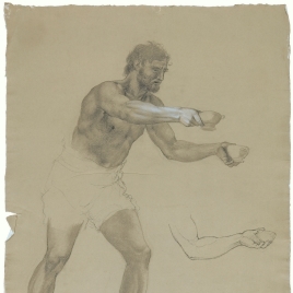 Estudio de hombre semidesnudo con calzón sujetando dos cuencos. Estudio de brazo sujetando un cuenco
