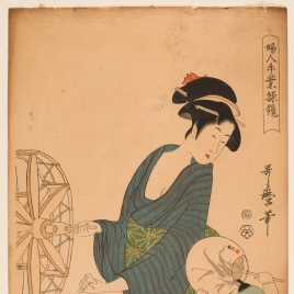 Mujer hilando con un niño