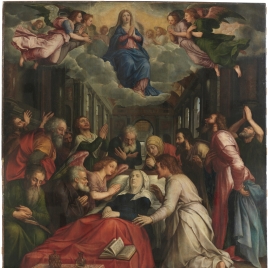 La Muerte de la Virgen (centro); El Nacimiento de la Virgen (izquierda); La Presentación de la Virgen (derecha)