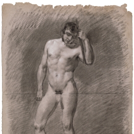 Desnudo masculino con la mano izquierda en la cabeza