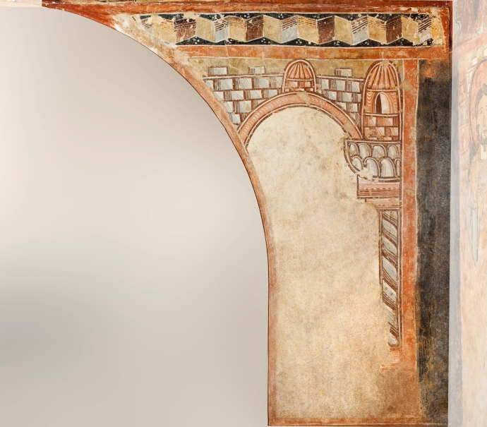 Imagen de la obra: "Enjuta derecha arco entrada. Pintura mural de la ermita de la Vera Cruz de Maderuelo"