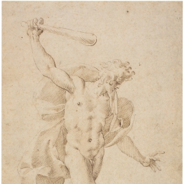 Nude youth, a cloak slung over his shoulder, wielding a club