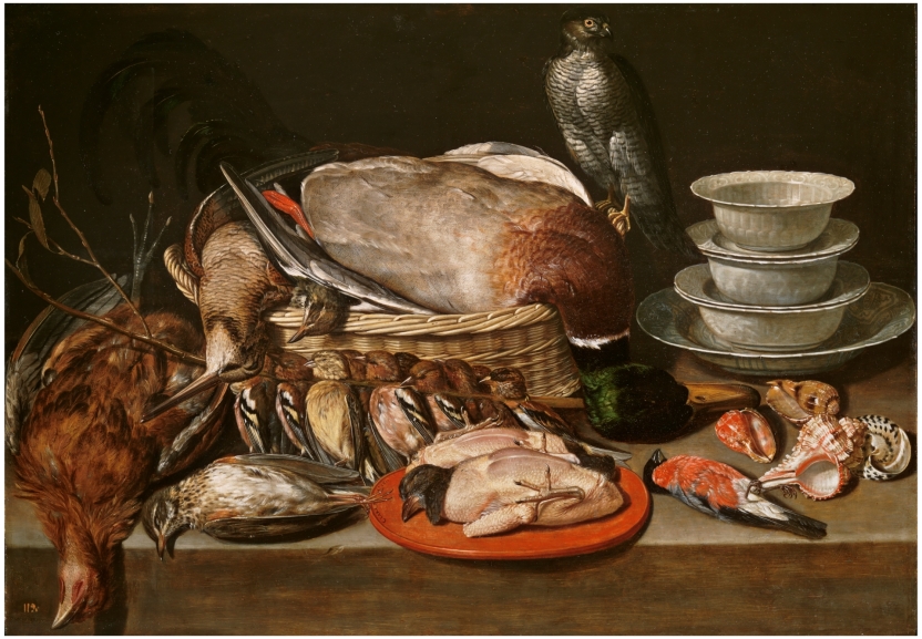 Bodegón con gavilán, aves, porcelana y conchas