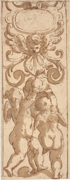 Imagen de la obra: "Dos amorcillos sosteniendo una cartela decorativa"