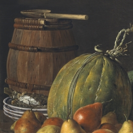 Still life with Pears, Melons, Plates and Barrel