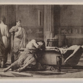 Séneca, después de abrirse las venas, se mete en un baño y sus amigos, poseídos de dolor, juran odio a Nerón que decretó la muerte de su maestro