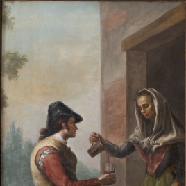 Una anciana sirviendo un vaso de vino a un joven