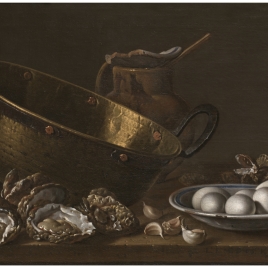 Bodegón con ostras, ajos, huevos, perol y puchero