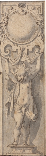 Imagen de la obra: "Amorcillo sosteniendo una cartela decorativa"