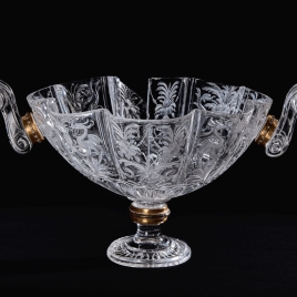 Rock crystal drinking vessel with birds, fruit and scroll-shaped handles