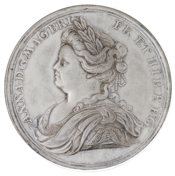 Imagen de la obra: "Guerra de Sucesión española. Firma del Tratado de Utrecht, 1713: Ana I, reina de Inglaterra - Britania sosteniendo un ramo de olivo, entre la Agricultura y la navegación."