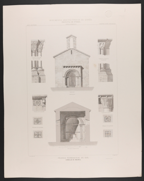 Imagen de la obra: "Imafronte, sección transversal y detalles de la iglesia de Ujo en Mieres, Asturias"