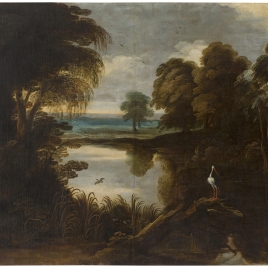 Paisaje con laguna y cazadores