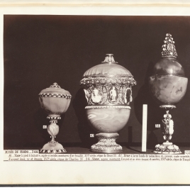 Agate goblet with lid, Agate vase with a central band of cameos, Egg-shaped agate vessel with cameos on the foot, stem and finial
