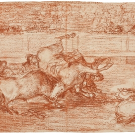 Desgraciada embestida de un poderoso toro [Cheval renversé par un taureau]