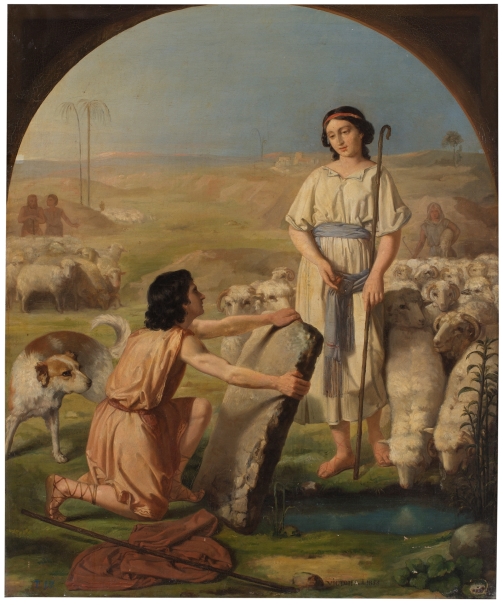 Imagen de la obra: "Encuentro de Jacob con su prima Raquel, que conducía el rebaño de su padre, en actitud de descubrir el pozo para que beba el ganado"