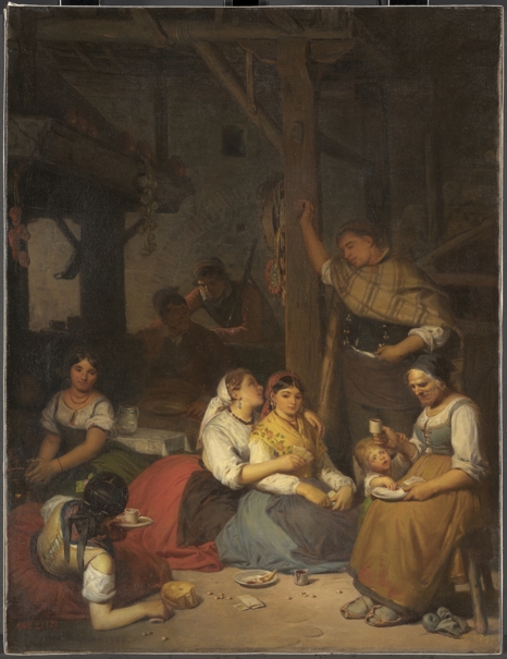 Interior de una casa de un pueblo de Aragón, cuando la familia se reúne por la tarde a tomar el chocolate