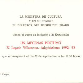 Invitación para la inauguración de la exposición "Un mecenas póstumo. El legado Villaescusa. Adquisiciones 1992-1993"