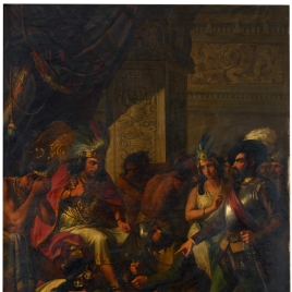 Hernán Cortés, el célebre conquistador de Méjico, entra con la intérprete doña Marina y tres o cuatro de sus capitanes en el aposento de Moctezuma, y con imperio y resolución le manda poner unos grillos
