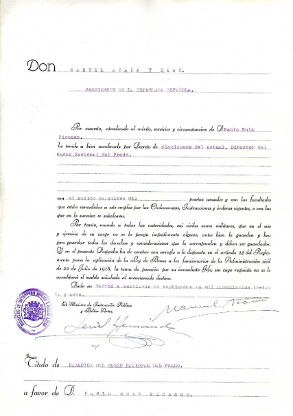 Notificación del nombramiento de Picasso como director del Museo del Prado, septiembre de 1936