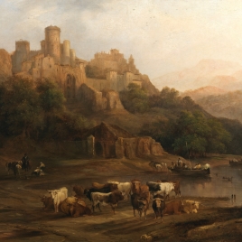 Herd of Bulls by a River below a Castle