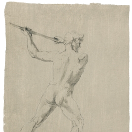 Estudio de desnudo masculino de espaldas blandiendo un palo