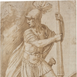 Standing warrior, resting his foot on the head of a dragon