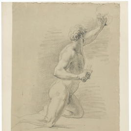 Estudio de desnudo masculino arrodillado de perfil empuñando una espada