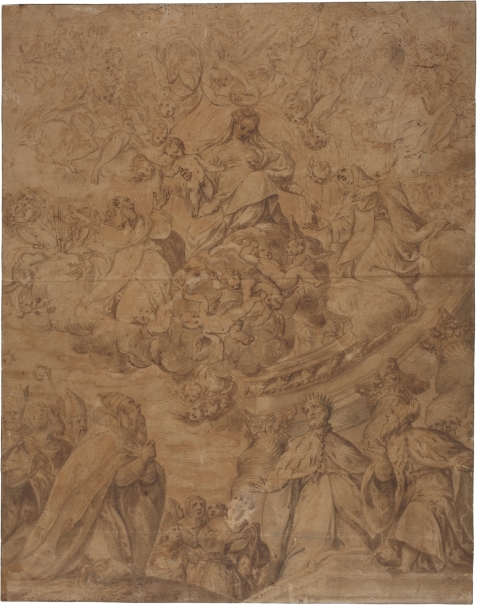 Imagen de la obra: "La Virgen, rodeada de ángeles, apareciéndose a un papa, un rey y un dux, en presencia de reyes, obispos, frailes y monjas"