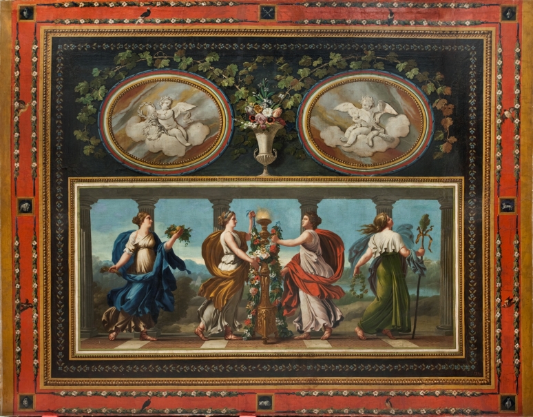 Imagen de la obra: "Cuatro ninfas o ménades como las Sacrificantes Borghese y dos amorcillos en óvalos, rodeados de decoración pompeyana"