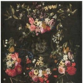 Guirnalda de flores con la Virgen, el Niño y San Juan