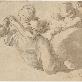 Figura femenina y un angelito sobre nubes