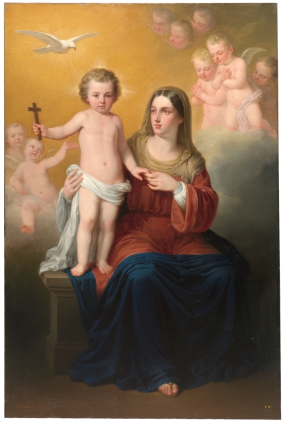 La Virgen María, el niño Jesús y el Espíritu Santo con ángeles en el fondo