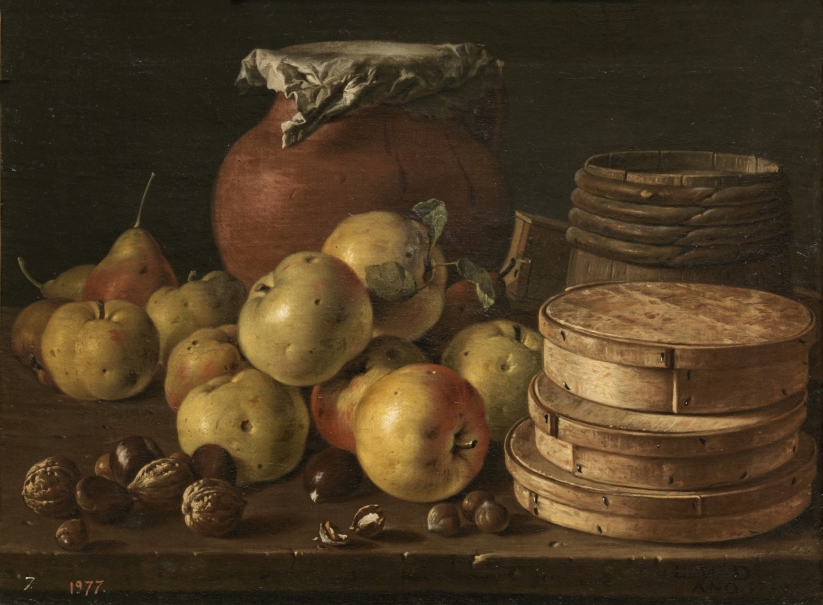 Imagen de la obra: "Bodegón con manzanas, nueces, cajas de dulces y otros recipientes"