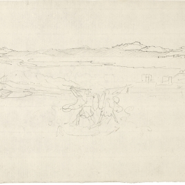 Paisaje de puerto con horizontes montañosos y figuras