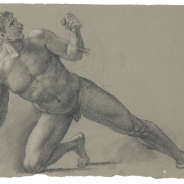 Estudio de desnudo masculino semiarrodillado con escudo y empuñadura