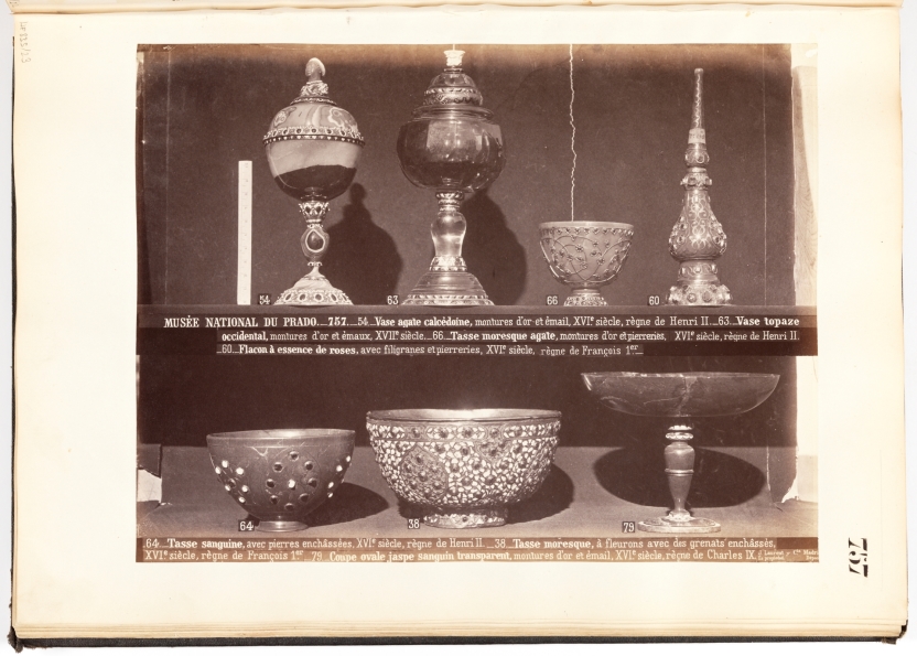 Image of the artwork: "Agate goblet crowned by a bust, Citrine quartz cup with a turquoise on the finial, Agate tazza with gold sprays and rubies, Heliotrope tazza with turquoises and rubies and Heliotrope nef"